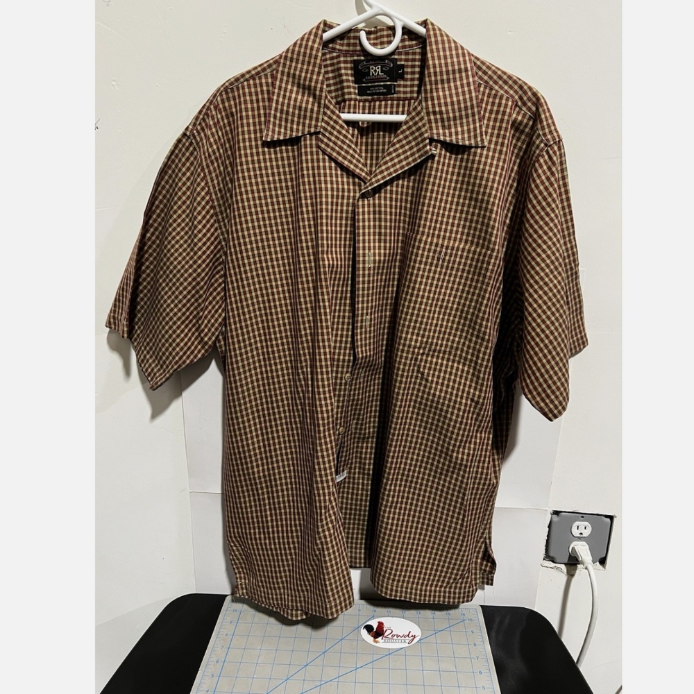 Vintage 90s RRL Double RL Triple Star Camp Shirt Micro Gingham Rust Khaki L